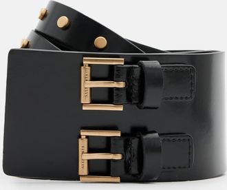 AllSaints Cow Leather Elodie Double Buckle Leather Waist Belt, Size: XS