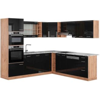 Vicco Cocina Esquinera R-line, Roble Negro/dorado De Alto Brillo, 237 X 247 Cm, Et M&aacute;rmol