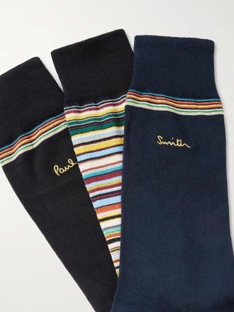 Paul Smith Pack of Three Striped Cotton-Blend Socks