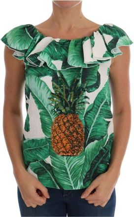 Dolce & Gabbana Tropische Elegantie Paillet Ananas Blouse - Dames - Blouses - Groen - XS - Katoen - Overhemden