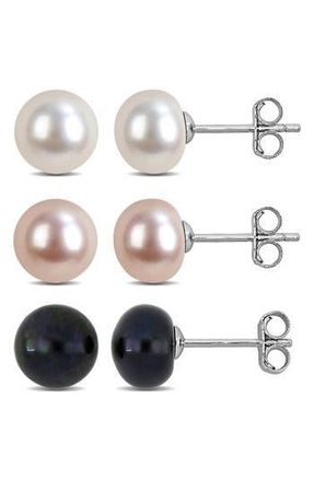 Delmar Set of 3 Cultured Freshwater Pearl Stud Earrings in Pink Multi at Nordstrom Rack