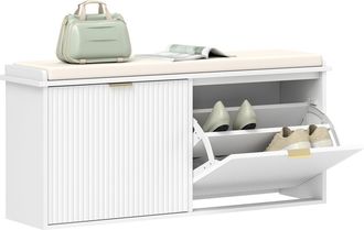 HOMCOM Shoe Storage Bench With Cushion And Flip-Drawer 104x26x47.5cm - White | TJ Hughes