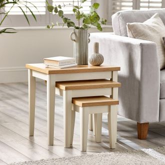 Furniturebox Set of 3 Wooden Nesting Tables - Eden Solid Wood Nested Tables - Pale Oak Stain Tops Cream Legs - Modern Farmhouse Traditional Living
