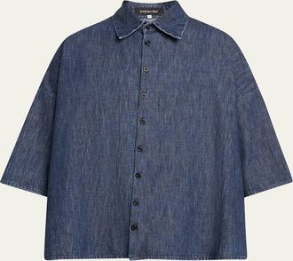Eskandar Sloped Shoulder Wide A-Line Denim Shirt