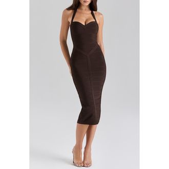 House of CB The Supermodel Halter Neck Bandage Midi Dress in Chocolate at Nordstrom, Size Large