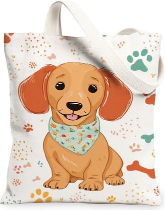 Generic Cute Dog Canvas Tote Bags, Playful Animal Pattern Reusable Grocery Bags, Lightweight Washable Shoulder Strap Canvas for Tra, White, 13x15 Inch