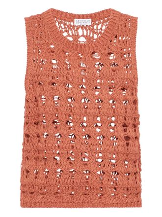 Brunello Cucinelli open-knit top - women - Fabric/Jute/Cotton - M - Orange