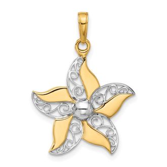 Diamond2Deal 14k Yellow Gold White Rhodium Filigree Flower Pendant