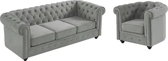 Vente-Unique Sof&aacute; 3 plazas y sill&oacute;n de terciopelo CHESTERFIELD - Gris plata