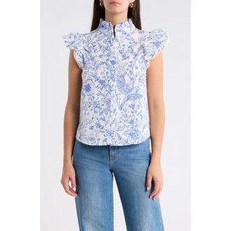 Sugarlips Eve Floral Cotton Button-Up Shirt in Blue-White at Nordstrom, Size X-Small