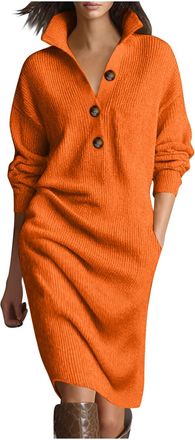 Generic GMQWRK Spring Knit Midi Dress for Women UK Stylish Elegant Button V-Neck Long Sleeve Dresses with Collar & Pockets Casual Loose Collared Neck Knitted 