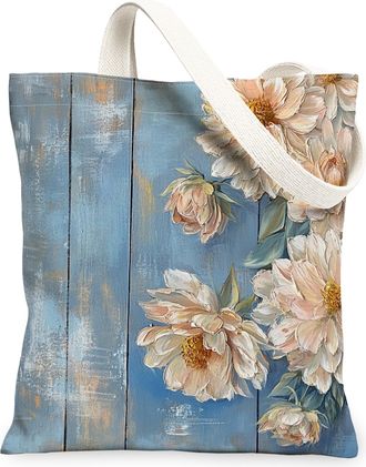 Generic Spring Dahlia Flower Canvas Tote Bag for Shopping 13x15, Farmhouse Rustic Florals Reusable Grocery Print Pattern Bag for Women, Country Beach Aestheti