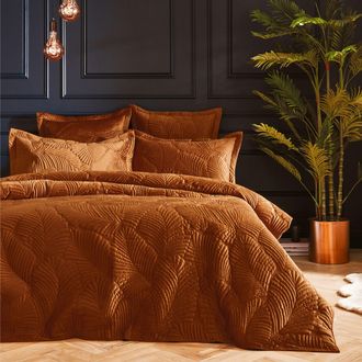 Riva Paoletti Palmeria Quilted Velvet Duvet Cover Set in Orange | Size: Super King