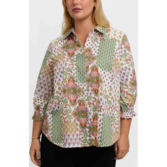Foxcroft Olivia Patchwork Print Smocked Cuff Cotton Button-Up Shirt in Green Multi at Nordstrom, Size 1 X