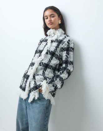 Asos coatigan testurizzato con frange doppiopetto a quadri monocromatici-Nero