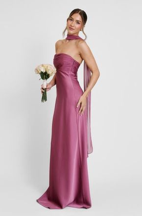 Six Stories Chiffon Bandeau Satin Maxi Dress in Plum at Nordstrom, Size 12