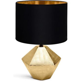 OEM L&aacute;mpara De Mesilla, L&aacute;mpara De Mesa Moderna, Pantalla De Tela, Base De Cer&aacute;mica, Casquillo E14, Forma De Diamante, Color Dorado, 22 X 22 X 32 Cm, Cabl