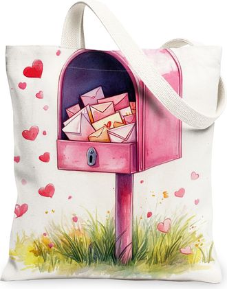 Generic Valentines Day Heart Canvas Tote Bags, Cute Love Letter Design Reusable Bags, Floral Lightweight Washable Shoulder Strap Canvas for Shopping Picnic 13