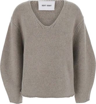 Soft Goat Puff Sleeve V-Neck - Knitwear - Mujer - Gris - S