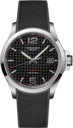 Longines Conquest V. H.P. Black Carbon Dial Black Rubber Strap Mens Watch L3.726.4.66.9