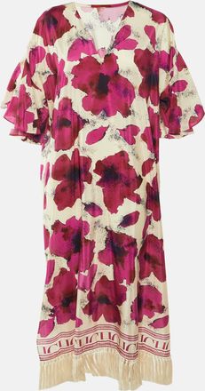 Carolina Herrera Pink Floral Printed Silk & Cotton Tassel Detail Maxi Dress