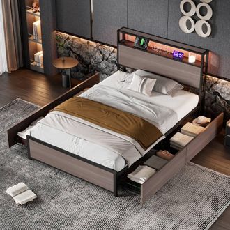 Merax Single Industrial Metal Bed with Storage LED Headboard & 4 Drawers in Grey