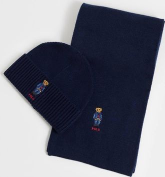 Polo Ralph Lauren set regalo con sciarpa e berretto con stampa orso blu navy