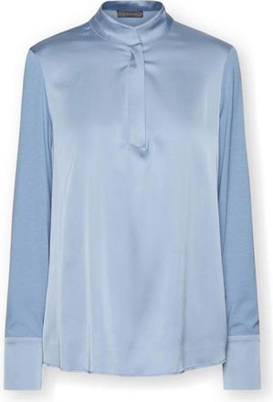 Elena Miro Overhemden, Dames, Blauw, 2Xl, Satijn, Viscose T-shirt met mandarijnkraag