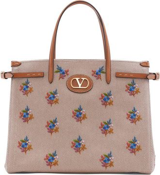 Valentino Garavani Medium Antibes Flower Embroidered Canvas Tote in Tobacco at Nordstrom