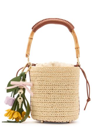 Self Portrait Charm-embellished Leather and Raffia Bucket bag - Natural - One Size