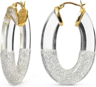 Gold & Honey Womens Glitter Flat Oval Lucite Hoop Earrings In Clear & Silver