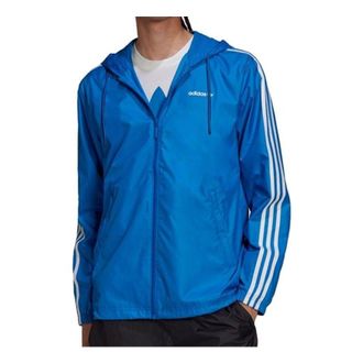 adidas Mens adidas Solid Color Logo Stripe hooded Zipper Jacket Blue HC7131