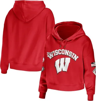 WEAR by Erin Andrews Womens WEAR by Erin Andrews Red Wisconsin Badgers Mixed Media Cropped Pullover Hoodie at Nordstrom, Size Xx-Large
