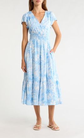 Sugarlips Seraphina Floral Print Ruffle Hem Maxi Dress in Blue/White Multi at Nordstrom, Size X-Large