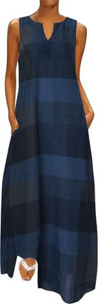 Generic Women Dresses Linen Elegant A-Line Dresses Womens Sleeveless Mid Loose Sun Dress Ladies Classic Pattern V Neck Swimwear with Pocket Womens Boho Dresse