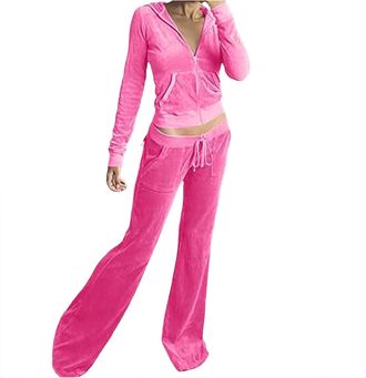 Generic Tracksuit Womens Full Set Winter Velour Sweatsuit 2 Peices Loungewear Outfits Long Sleeve Zip Up Hoodie Wide Leg Joggers Sweatpants Joggings Sportwear
