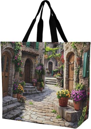 Generic Mediterranean Style Old Stone Buildings Large Reusable Shopping Bag Lightweight Foldable Tote Bags Washable Shoulder Handbag