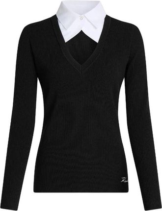 Karl Lagerfeld Gebreide polo met contrasterende kraag - Dames - V-hals truien - Zwart - M - Nylon - Truien & Vesten