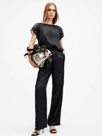 AllSaints Viscose/Silk Mari Silk Blend Lace Trim Jumpsuit, Size: UK 16/US 12