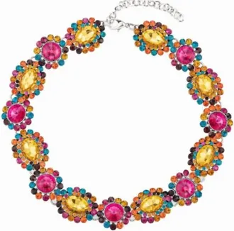 Eye Candy Los Angeles Womens Rhinestone Statement Necklace In Color Me Pink & Yellow