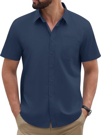 Heekpek TOMEEK Mens Short Sleeve Shirts Casual Regular Fit Dress Shirt Summer Business Work Formal Button Down Shirt Plain(Navy,XXL)