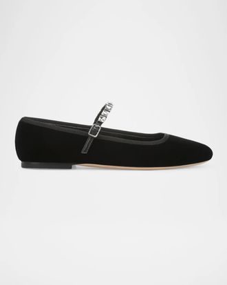 Veronica Beard Ellie Crystal-Strap Velvet Mary Jane Ballerina Flats