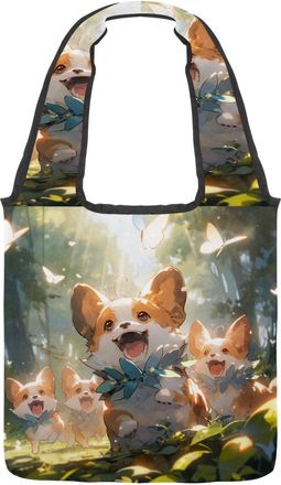 Generic Cute corgi Puppy Reversible Canvas Shoulder Tote - Double-Sided Print, 12oz Cotton, 27cm Drop, Fold-Flat Bag for Travel, Shopping, Street Outings