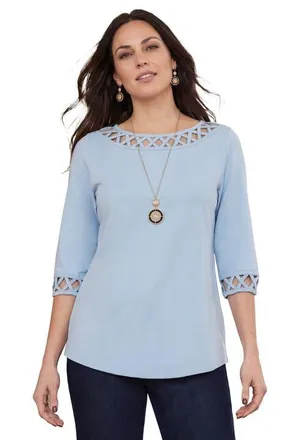 Jessica London Stretch Cotton Lattice Boatneck Tunic in Azure Mist at Nordstrom, Size Medium