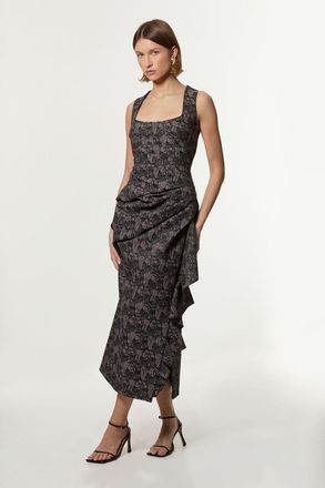 Karen Millen Womens Jacquard Ruffle Strappy Tailored Maxi Dress - Black - Size 8 UK