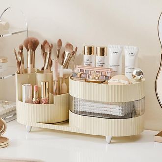 Gabrielle Organizer girevole per trucco da toeletta con porta pennelli e cassetto, 3 ripiani per riporre il trucco, grande organizer per trucco, organizer per