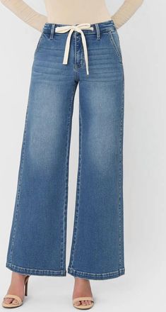 Flying Monkey High Rise Waist Tie Twist Wide Jeans In Medium Dark Wash
