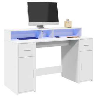 Berkfield Home Desk with LED Lights White 140x55x91 cm Engineered Wood | Size: 140 x 55 x 91 cm