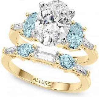 Allurez Oval Lab Grown Diamond & Aquamarine Bridal Set 18K Yellow Gold (4.65ct)