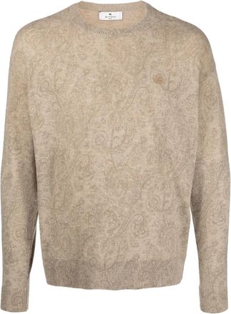 Etro Elegante beige wollen trui - Heren - Ronde hals truien - Beige - 2XL - Wol - Truien & Vesten